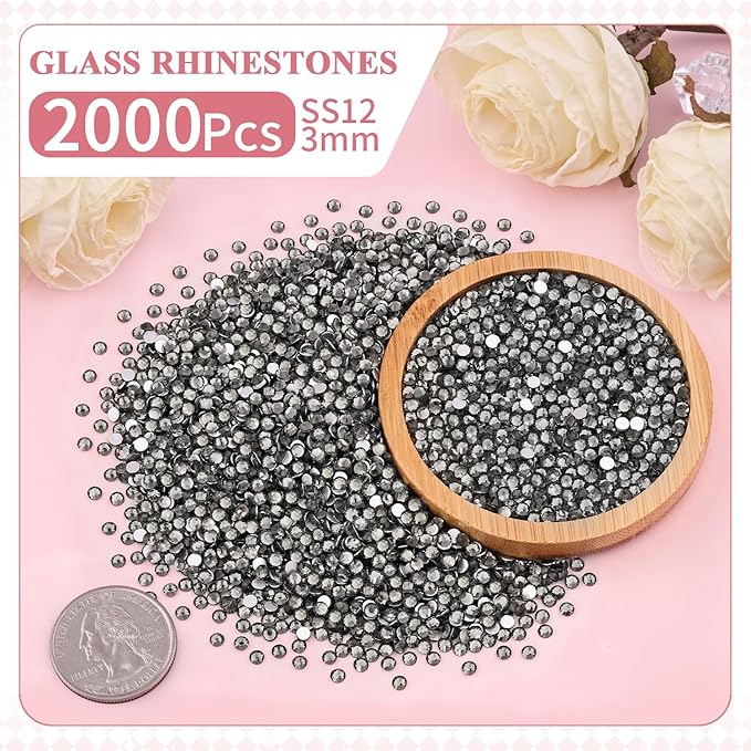 2000PCS SS12/3mm Crystal Rhinestones (Black Diamond) with 2Pcs 10ml B7000 Jewelry Glue, Bedazzling Flatback Glass Rhinestones for Crafting, Gems Diomand Charms for Tumbler Shoes Clothing Mugs Nail Art