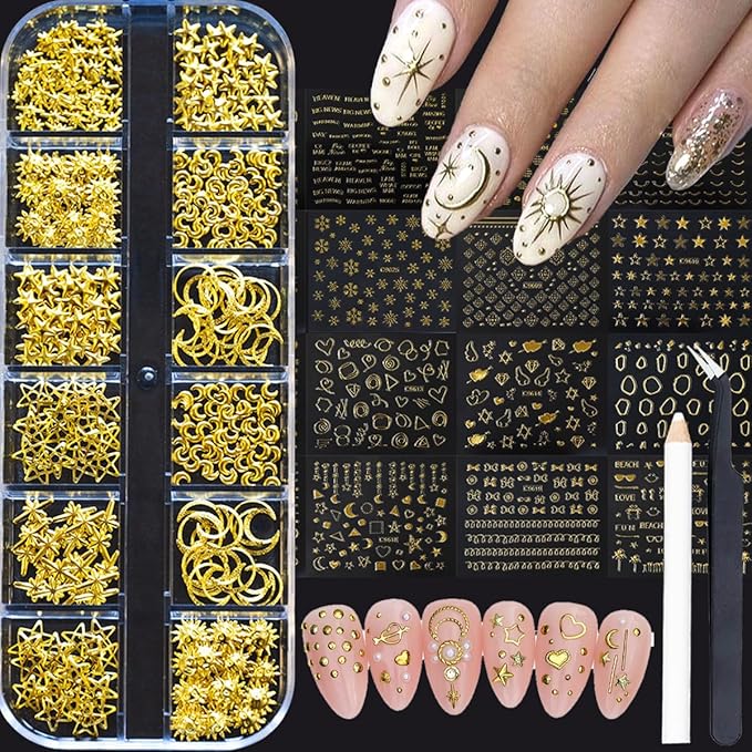 30 Sheets Gold Nail Art Sticker 3D Self-Adhesive Gold Star Moon Heart Line Nail Decals with 3D Nail Art Metal Charms Gold Metal Nail Art Design Nail Supplies for Women Manicure Kit Nail Art Decoration