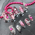 Silver Chrome Press on Nails Bow Fake Nails Star Glue on Nails Pure Hand-Painted Nail Liquid State with Design Pink Ombre Stick on Nail Medium Almond False Nail for Women Girls Exquisite Manicure (M)