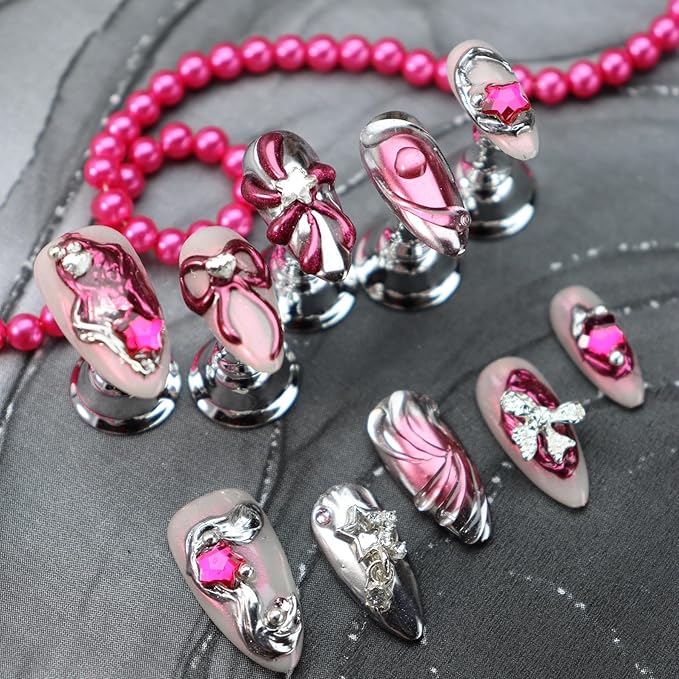 Silver Chrome Press on Nails Bow Fake Nails Star Glue on Nails Pure Hand-Painted Nail Liquid State with Design Pink Ombre Stick on Nail Medium Almond False Nail for Women Girls Exquisite Manicure (M)