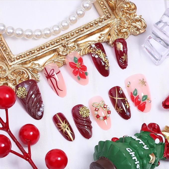 30Pcs Christmas Press on Nails Medium Almond Fake Nails Red Glitter False Nails with 3D Flower Design Gold Snowflake Star Rhinestones Stick on Nails Winter Full Cover Artificial Glue on Nail for Women