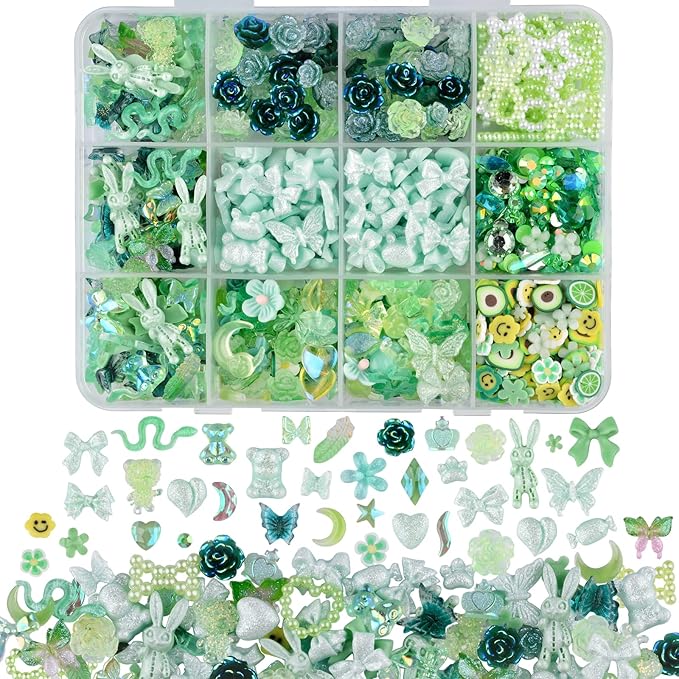 850 Pieces 3D Butterfly Rose Flower Bow Rabbit Bear Nail Charms Kit with Nail Art Rhinestones Pearls Crystal Gems Nail Slices for Manicure DIY Crafts Jewelry Accessories (Green)