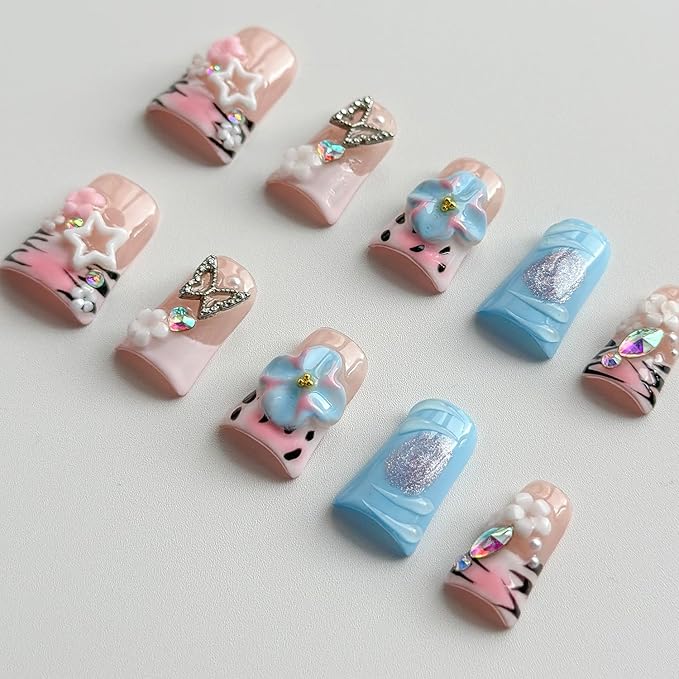 Luxury Press on Nails Short Duck Handmade 3D Unique Reusable ABS Material Fake Nails Pink French Tip False Nails with Designs Flower Butterfly Rhinestones Glossy Glue on Nail Thick Acrylic Nail(S)