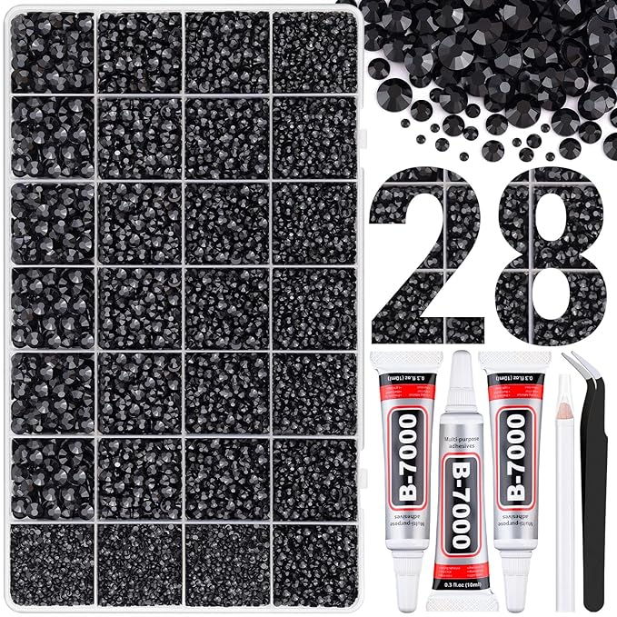 30000Pcs Resin Rhinestones for Bedazzling with Tweezers, Black Rhinestones for Crafting with 3Pcs 10ml B7000 Jewelry Glue for DIY Crafts Clothing Tumblers Shoes Fabric Nail Art