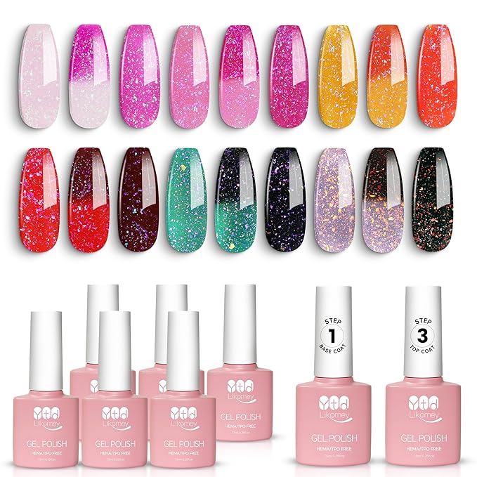 YTD Likomey Color Changing Gel Nail Polish with Base Coat and Top Coat Set,Fall Winter Shine Brocade Glitter Mood Temperature Change Red Green Pink Black Thermal Ombre UV Color Gel,8 Pcs 7.5 ml