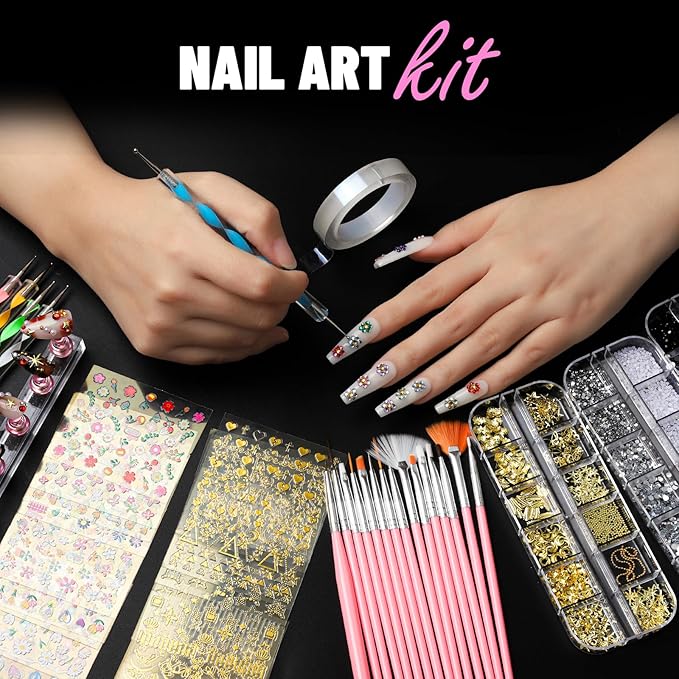 FANDAMEI Nail Art Brushes, Nail Art Kit with Nail Art Brush, Dotting Tools, Nail Rhinestones Pearls, Nail Charms and Gems, Nail Stickers for Women Decals, Nail Stand for Press on, Nail Design Kits
