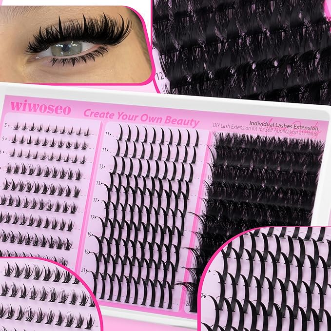 wiwoseo Bottom Lash Clusters with spikes Lash Clusters Kit Volume Lash Spikes Cluster Eyelash Extensions 200D Eyelash Clusters Fluffy Mink Lashes Clusters with Bond and Seal Lash Glue for Beginners