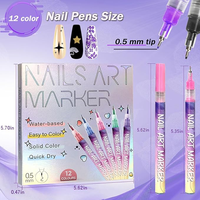 Hinourisha12pcs 3D Nail Art Pens Set, Nail Art Markers, Acrylic Nail Paint Pens Kit, Nail Polish Pen Quick-drying Waterproof for Paint Point Line Art Manicure Tools for Girls Gift