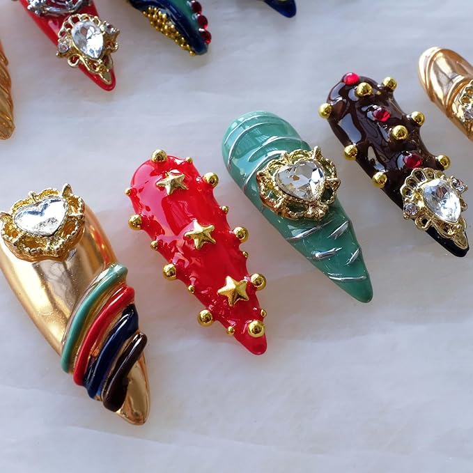 Luxury Handmade Press On Nails, Vintage Bohemian Style, Long Stiletto Shape, Crystal Heart Gems, Gold Stars Design, 10 Pieces (XS, LS)