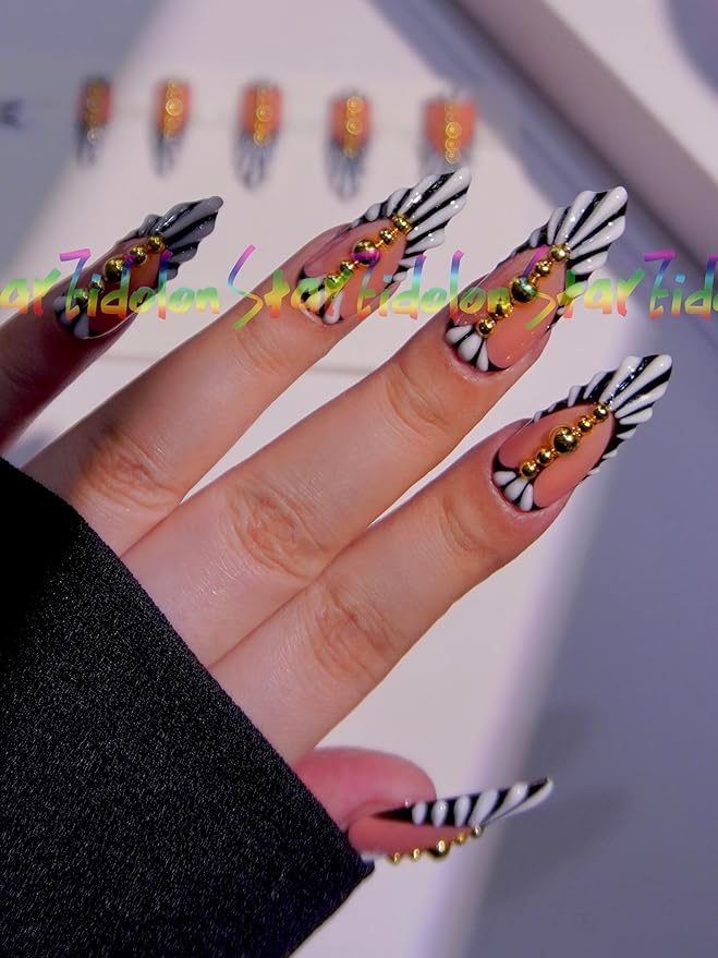 HAND-PAINTED White Press Ons Neon Small Press on Nails Long French Press on Nails Coffin Medium Short Nail art Fake Nail Art Kit with 7g Glue on Nails Handmade Almond Square Nails (TJ60, Large)