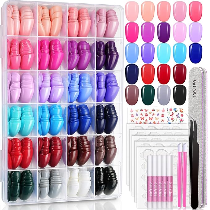 24 Colors Press On Nails, TsMADDTs 720 pcs Short Oval Press On Nails with Glue, File, Tabs, Stickers and Tweezer for Home Manicure or Salon