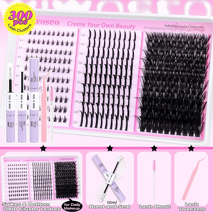 wiwoseo Spiky Lash Clusters with Bottom Lashes Clusters Kit Volume Lash Spikes Cluster Eyelash Extensions Kit Mink Eyelash Clusters Spiky Cluster Lashes Clusters with Bond and Seal(Bottom+Spikes+100D)