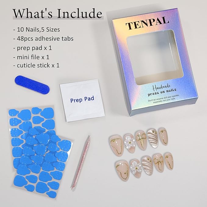 10Pcs Short Almond Oval Press On Nails With Tools,Nude Pink Fake Nails with 3D Flowers & Cat Eye Designs,Glitter Gold Edge Glue on Nails, Glossy Handmade Acrylic False Nails for Daily Party(L)