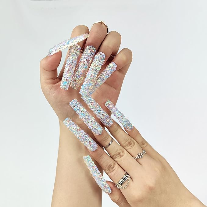 2025 Long Novel Design and Reusable Handmade PMMA Acrylic Press on Nails Full Coverage Candy 3D Crystal Fake Nails With Box Gifts for Women (Pastel Galaxy, Medium)