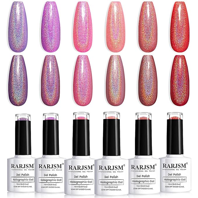 RARJSM Holographic Gel Nail Polish Set Summer Colors Glitter Gel Polishes Kit Rose Gold Hot Pink Red Violet Bright Purple 6PCS 7.5ML Curing Required Unicorn Mirror Laser Effect for Salon Home Manicure