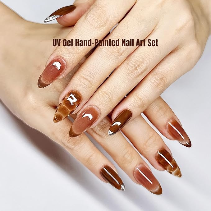 Press On Nails Medium Almond Brown Cafe with Silver Glitter French Tip & More| Reusable Soft Gel Nails in 15 Sizes -30 Nail Kit with Glue | Designed in L.A, Handmade in Vietnam | Espresso Chic