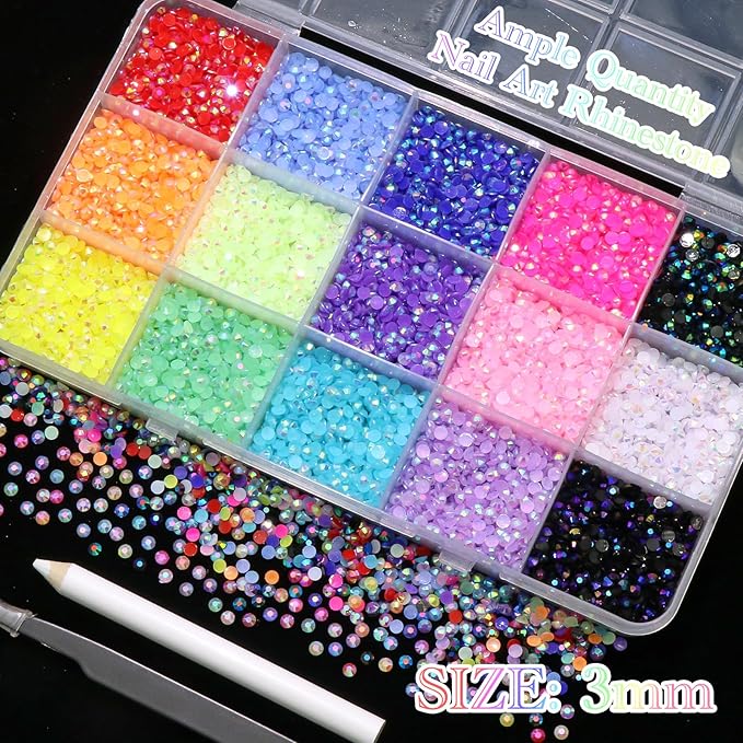 RODAKY 18000Pcs Resin Jelly Rhinestones for Nail Art 3mm Flat-Back Rainbow Gems Crystal Gemstone with AB Coating Colorful Bedazzling Crystals for DIY Nail Design Clothing Shoes