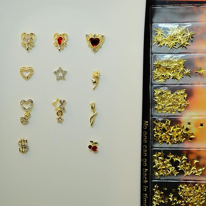 350 Pcs Gold Nail Charms with Stars, Hearts, Dollars, Cherries, Roses for Women Nail Art Decoration DIY Craft