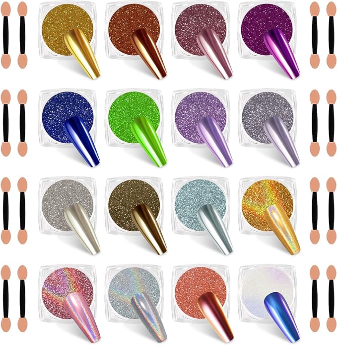 SIUSIO 16 Jars Chrome Nail Powder Nail Art Glitter Decoration Metallic Mirror Effect Holographic Aurora Chameleon Pigment Powder Kit 0.35g/Jar Pearl for Resin Craft & Nail Art