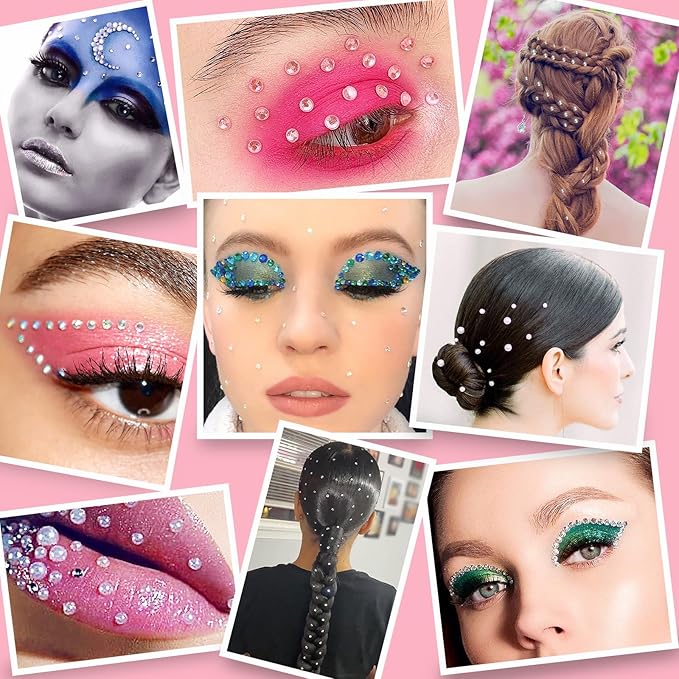 Hair Face Gems Rhinestone with Makeup Glue, Flat Back Colorful Jewels Crystal Rhinestone Half Round AB Pearl Kit, Wax Pencil Tweezer and Brush for Face Eyes Hair Body Makeup