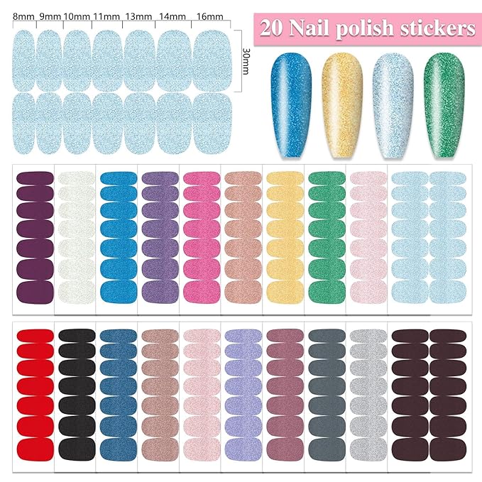 WOKOTO 20 Sheets Glitter Solid Nail Stickers, Full Nail Wraps Sparkly Glitter Powder Design, Gel Nail Strips Mixed Color Nail Polish Stickers Strips for Women & Girls, Easy Application, Salon Quality