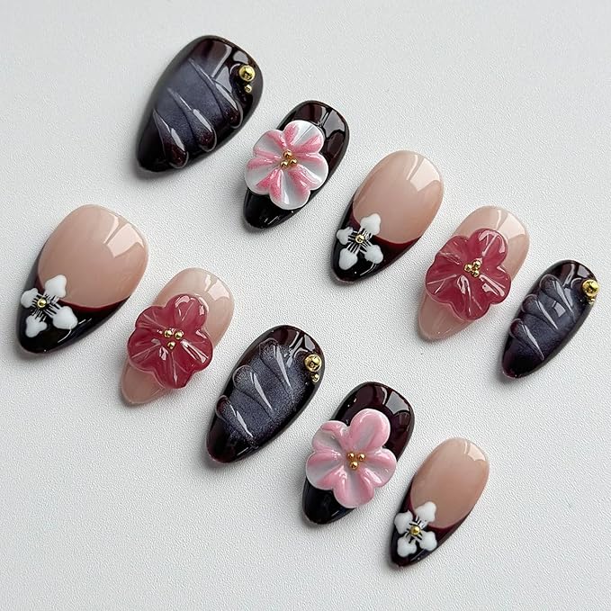 Luxury Press on Nails Short Almond Handmade 3D Unique Reusable ABS Material Fake Nails French Tip Purple False Nails with Designs Water Ripple Flower Glossy Glue on Nail Thick Acrylic Nail(M)