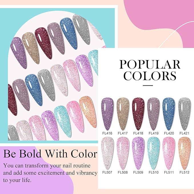 Reflective Glitter Gel Polish Christmas Pink Purple Brown Glitter Sparkly Shiny Disco DJ LED Gel Nail Polish Nail Varnish 12PCS 7ML
