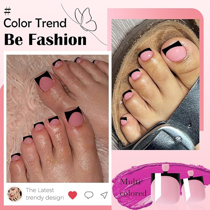 150pc French Tips Press on Toenails Women Toe Nail Press ons, Black French Tip Toe Press on Nails Fake Toenails Square Fake Toes Nail Tips Glue on Toenail Stick Acrylic Toes Nails Kit with Glue Tab