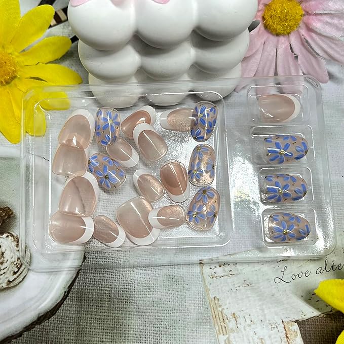 Blue Flowers Press on Nails Short Oval Fake Nails with Floral Designs White French Tip False Nail Glossy Full Cover Artificial Fingernails Spring Summer Stick on Nail for Women 24Pcs