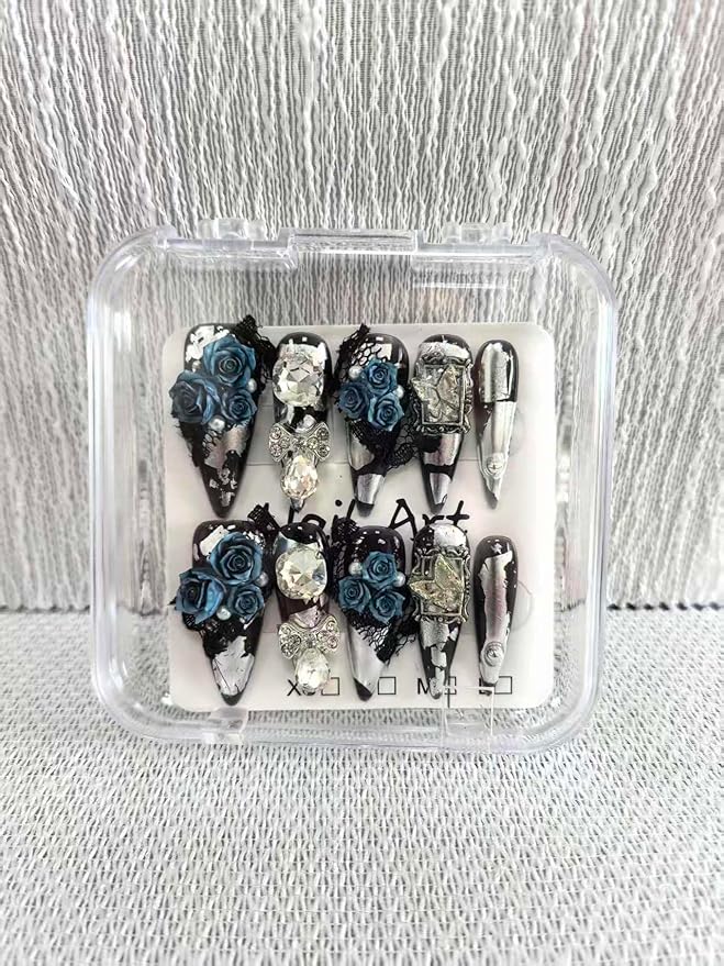 10pcs Handmade Press on Nails Long Stiletto False Nails Black Fake Nails with 3D Blue Flower Rhinestones Bow Designs Sparkly Charm luxury Artificial Nails Reusable for Women (Size M）