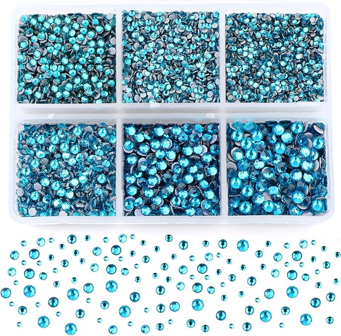 8000pcs Hotfix Rhinestones Flatback,Rhinestones for Crafts Clothes Mixed 6 Sizes, Hotfix Crystals with Wax Pencil Kit, SS3-SS12,Blue Zircon