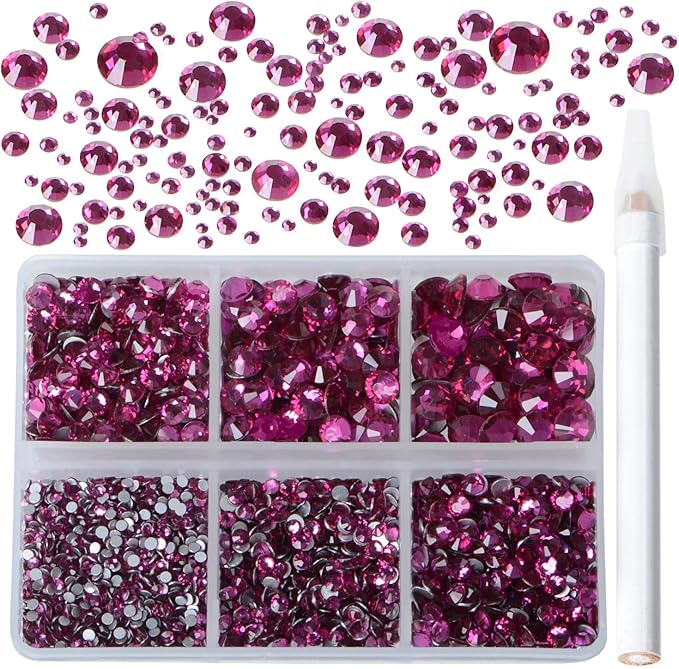 Bymitel 5000 Pieces 6 Mixed Sizes Glue Fix on Glass Rhinestones Round Crystal Gems Flatback for DIY Jewelry Making with one Picking Pen(6-Sizes 5000PCS, Fuchsia)