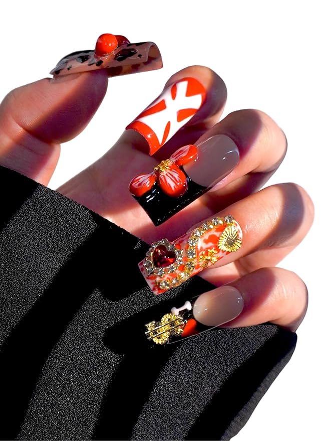HAND-PAINTED White Press Ons Neon Small Press on Nails Long French Press on Nails Coffin Medium Short Nail art Fake Nail Art Kit with 7g Glue on Nails Handmade Almond Square Nails (Medium, J2)
