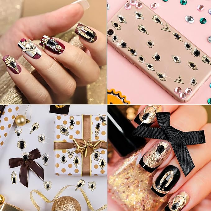 Leelosp 24 Pieces 3D Nail Charms Gold Luxury Black Rhinestones Nail Charms for Acrylic Nails Black Zircon Jewels Crystals Rhinestones with Storage Box for DIY Craft Art