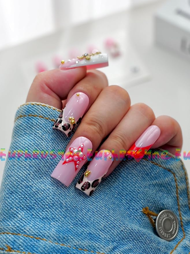 Euphrosyne Pink Jelly Press On Nails – Y2K Red French Tips with Punk Leopard Charms | 10pcs Cute Handmade Fake Nails for Daily & Party Use
