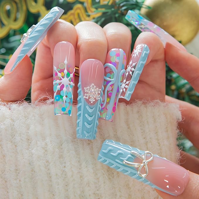 LOVFUL Press on Nails Winter Cozy| Handmade Acrylic Press ons| Reusable Fake False Nails| Square Mid length 1.7in| H677-L