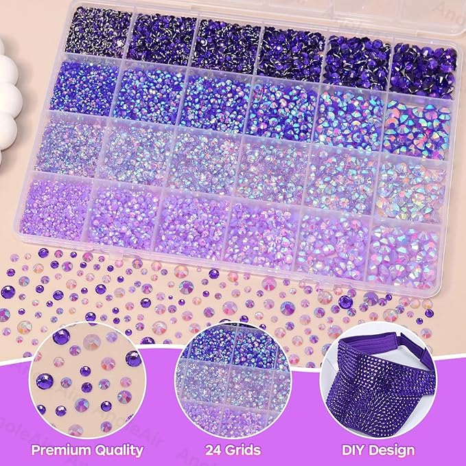 26000PCS Purple Resin Flatback Rhinestones for Crafting, Resin Rhinestones for Bedazzling Kit, 2/3/4/5/6mm Flatback Gems Jewels for DIY Mugs Tumblers Clothing Shoes Nail Art