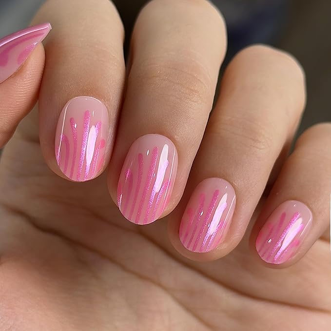 Curvlife Press On Nails Short Oval Pink - Glitter Drip Press on Nails with Glue, Pink Glitter Dripping Glossy Nude Fake Nails Long Lasting False Nail Tips for Women Girls