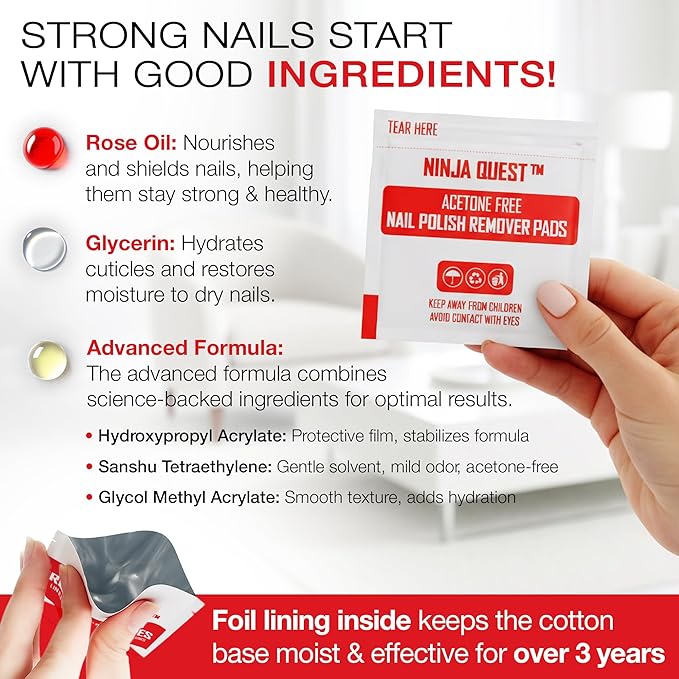 Nail Polish Remover Pads 100% Non Acetone - 200 Pack of Individually Wrapped Bulk Set Gel Nail Polish Remover Wipes - Fingernail Travel Kit to Clear Nail Polish for Home & Professional Removal