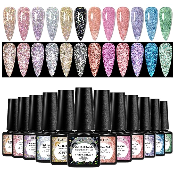 Gel Polish Reflective Glitter Gel Nail Polish Set, 12 Colors Holographic Sparkle Glitter Gel Flash Diamond Sliver Gold Pink Blue UV LED Soak Off Manicure Kit Gift for Women Girls