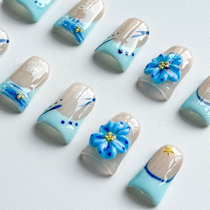 Luxury Press on Nails Short Duck Handmade 3D Unique Reusable ABS Material Fake Nails Blue French Tip False Nails with Designs Rhinestones Starfish Summer Glossy Glue on Nail Thick Acrylic Nail(M)