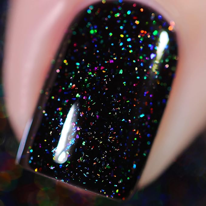 ILNP Party Bus - Black Rainbow Flake Holographic Shimmer Nail Polish, Chip Resistant, 7-Free, Non-Toxic, Vegan, Cruelty Free, 12ml