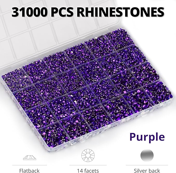 33000Pcs Purple Rhinestones for Bedazzling, Bedazzler Kit with Flatback Craft Rhinestones Dark Purple Bulk and B7000 Glue, 2,3,4,5,6mm Resin Flat Back Crystals for Craftings, Clothes, Shoes, Nails