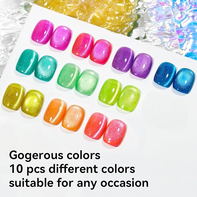 Glitter Cat Eye Gel Nail Polish 10 Colors Magnetic Gel Polish Kit with Magnet Stick Shimmery Glitter Colors Pink Yellow Blue Salon DIY Nail Art Salon Home Manicure Women