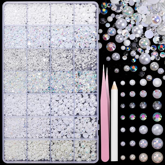 22000 Pcs White Flatback Pearls and Rhinestones Bedazzling Kit, Resin Rhinestones Gems for Crafting, Mixed Size Half Pearls Gems for Nails Face Eyes Makeup Bottles Shoes DIY Crafts