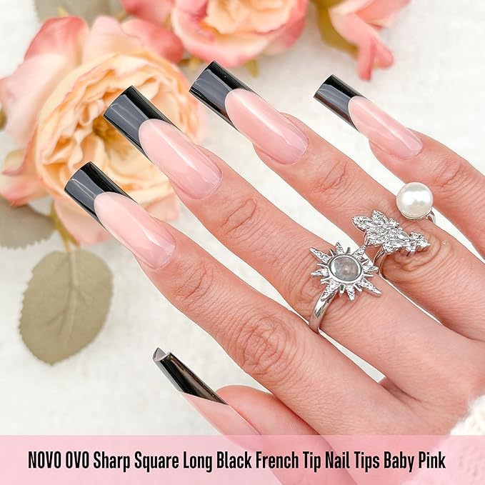 NOVO OVO Soft Gel Nail Tips Long Square - Black French Tip on Baby Pink Base, 180Pcs Full Cover False Nails for Gel X Extension, Sharp Shape Pre-Designed Press on Nails for DIY Home Salon (15 Sizes)