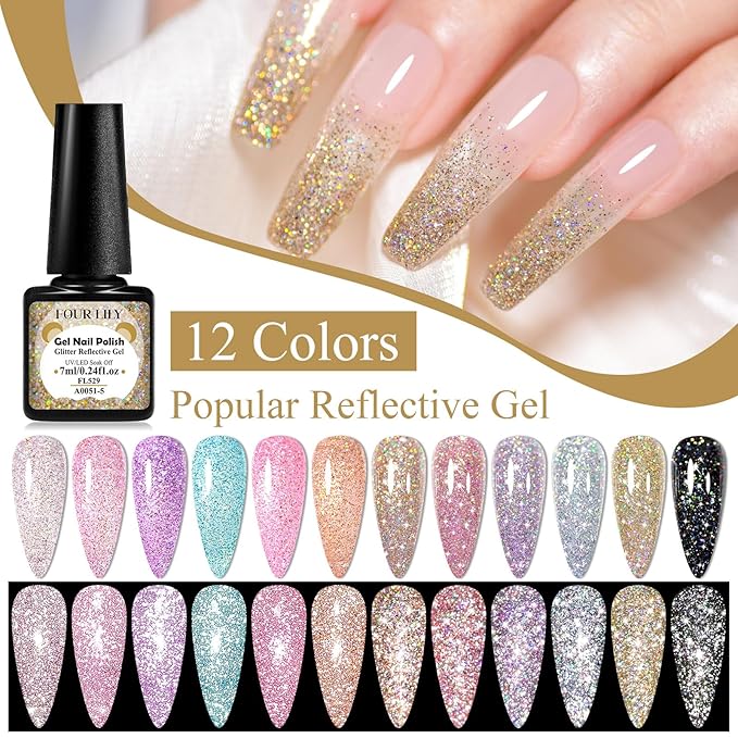 12 Pcs Reflective Glitter Gel Nail Polish, Shimmery Gel Polish Set Sparkly Shiny Gel Soak Off UV LED Nail Art Varnish Manicure Kit DIY at Home
