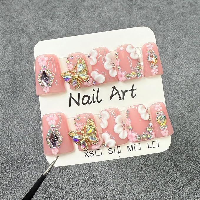 Handmade Press on Nails Butterfly Press on Nails Short Duck Shaped Fake Nails Rhinestones Acrylic Nails Full Cover Reusable Flower False Nails for Women Girls Nail Accessories (Size S)