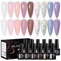 MEET ACROSS Rubber Base Gel For Nails, Shimmer Nude Gel Nail Polish Gold Foil Nail Strengthen/Enhance/Base Coat/Color Gel Polish with Super Top Coat, Prep Dehydrator and Nail Primer 12PCS