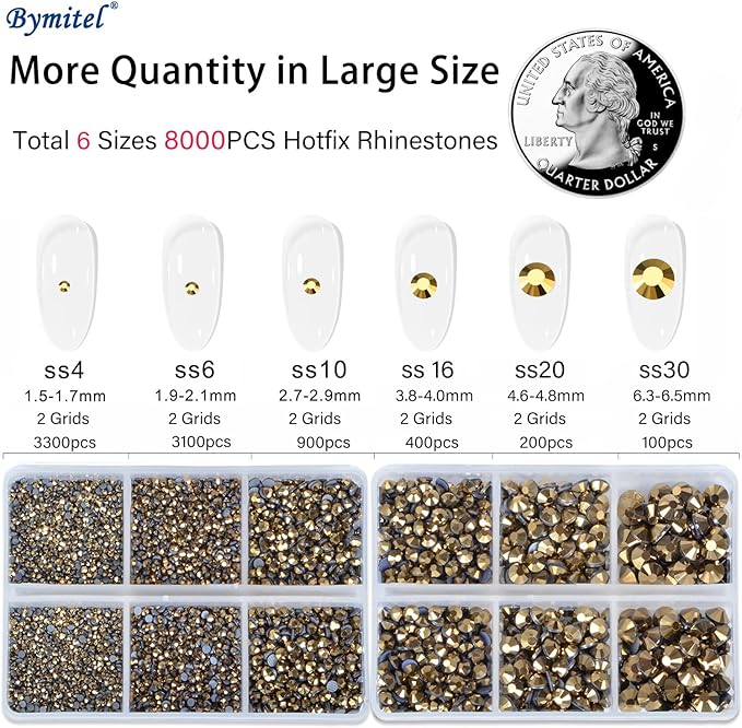 Bymitel Hotfix Crystal Rhinestones Round Gems for Crafts,Mixed 6 Sizes with Wax Pencil Kit, Aurum 1.6-6.3mm SS4-SS30/8000pcs